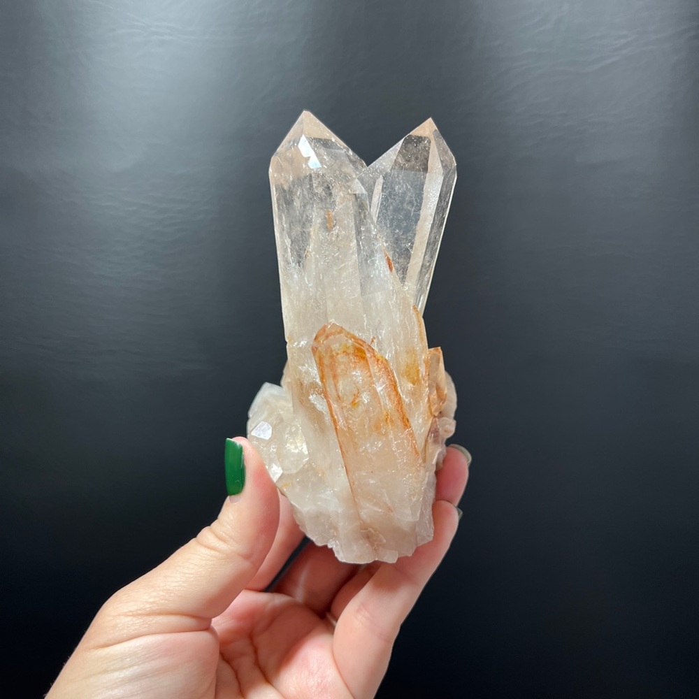 13.67 oz. Large Clear Quartz Crystal Cluster with Hematite from Brazil.